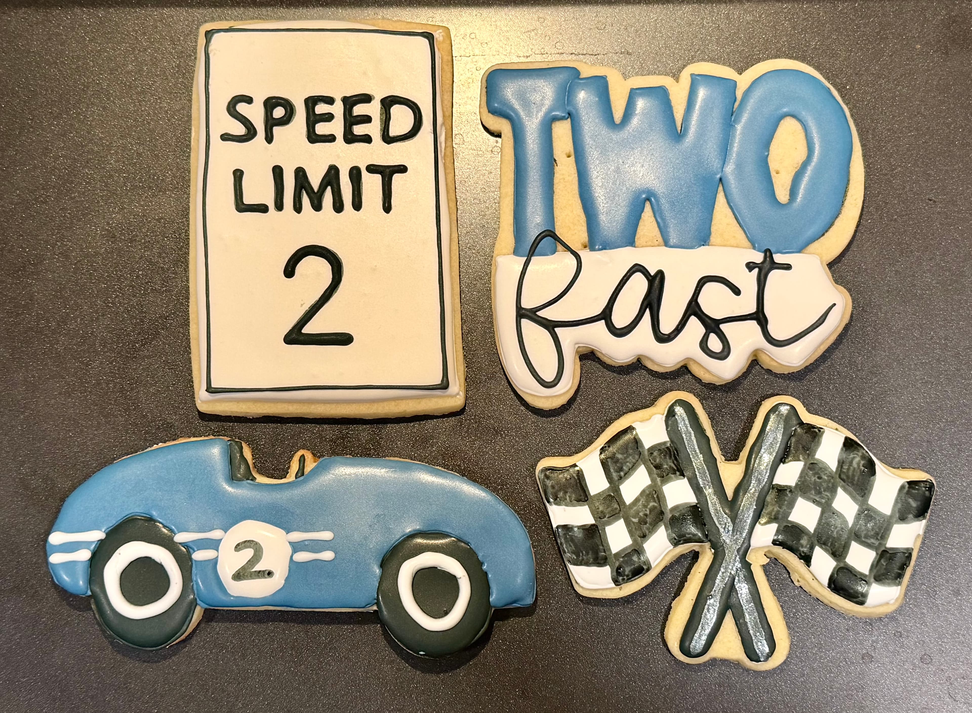 Racing themed decorated cookies